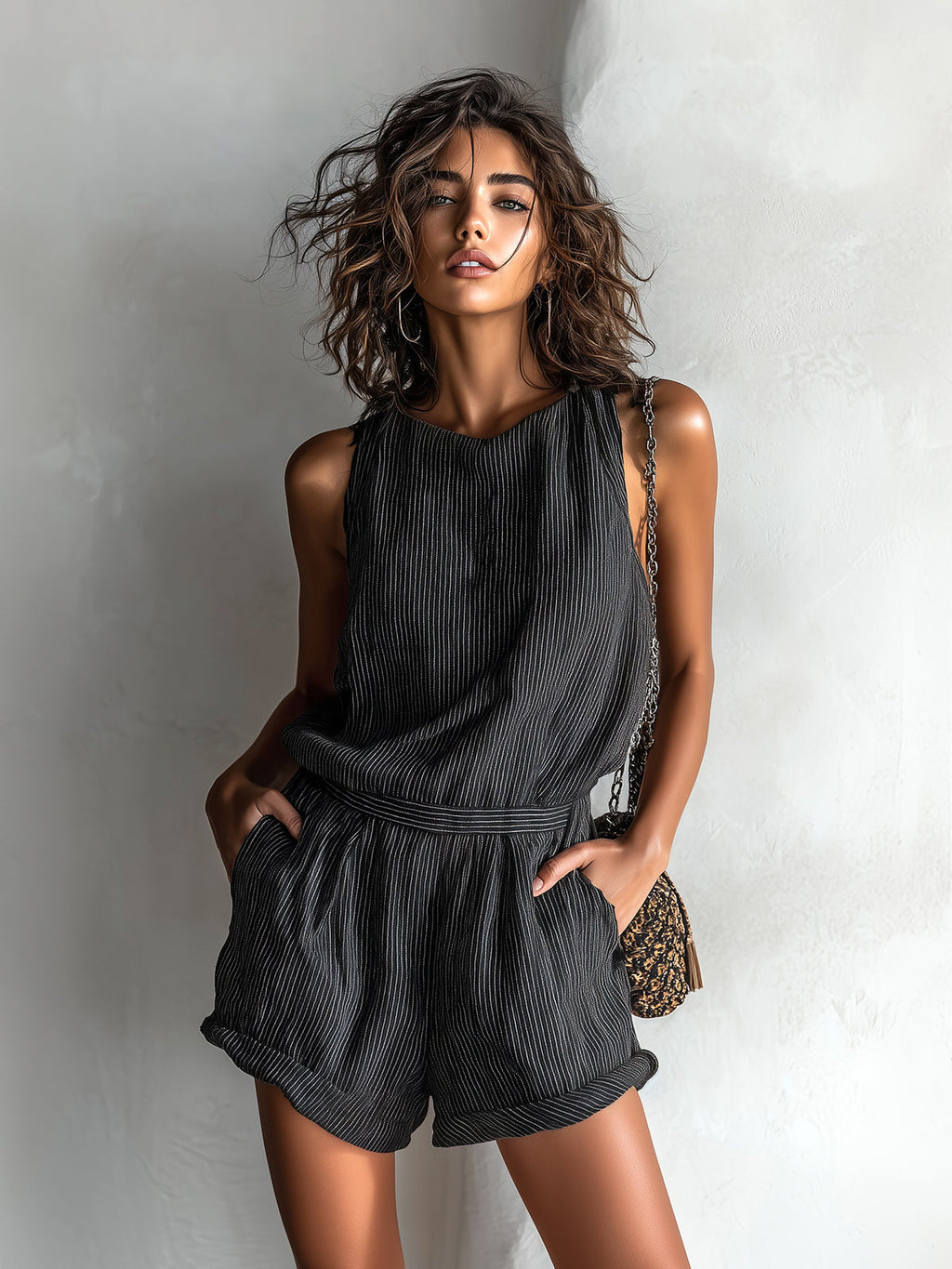 Zediola | Mono corto holgado de corte holgado, con cuello barco, estampado de rayas negras y confeccionado en lino, de estilo chic e informal