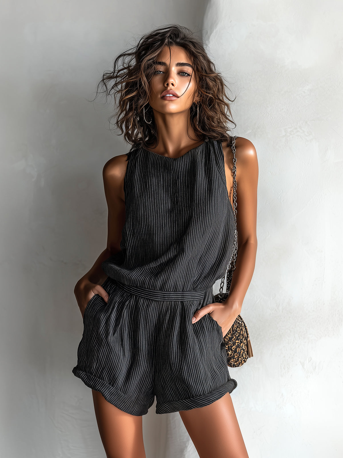Zediola | Mono corto holgado de corte holgado, con cuello barco, estampado de rayas negras y confeccionado en lino, de estilo chic e informal
