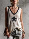 Zediola | Chaleco de punto holgado sin mangas con cuello en V y estampado jacquard de estrellas, estilo casual y elegante, en blanco y negro