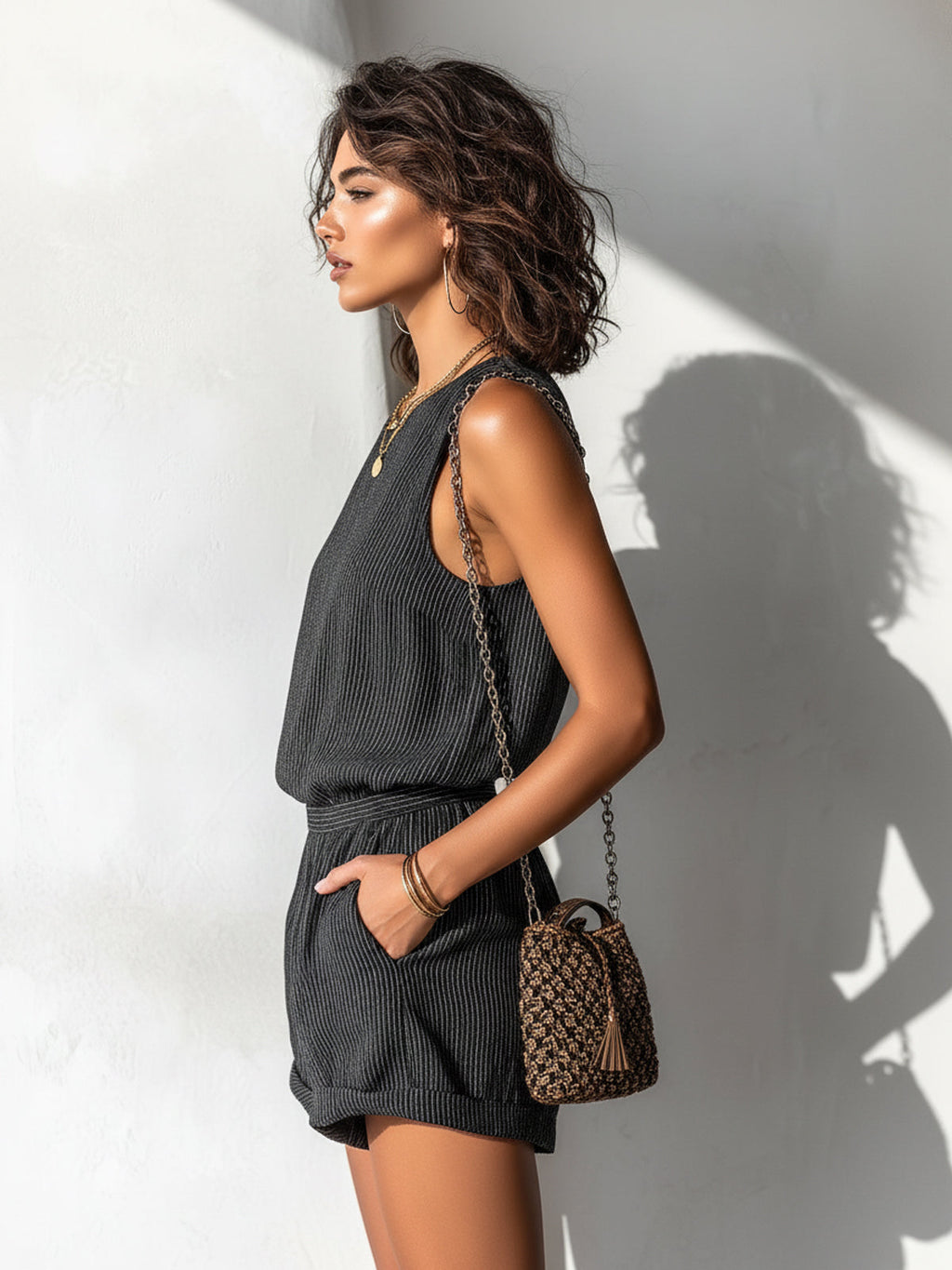 Zediola | Mono corto holgado de corte holgado, con cuello barco, estampado de rayas negras y confeccionado en lino, de estilo chic e informal