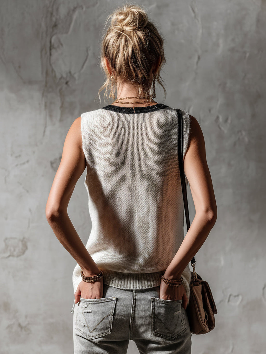 Zediola | Chaleco de punto holgado sin mangas con cuello en V y estampado jacquard de estrellas, estilo casual y elegante, en blanco y negro