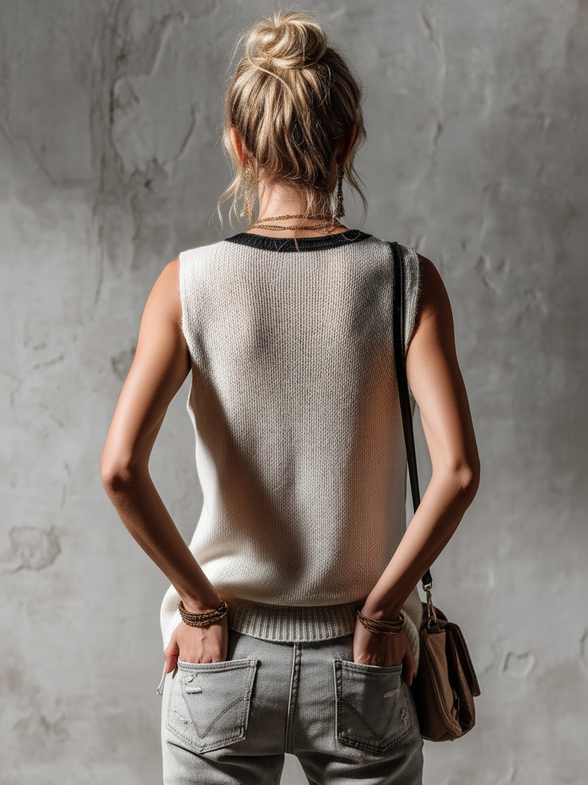 Zediola | Chaleco de punto holgado sin mangas con cuello en V y estampado jacquard de estrellas, estilo casual y elegante, en blanco y negro