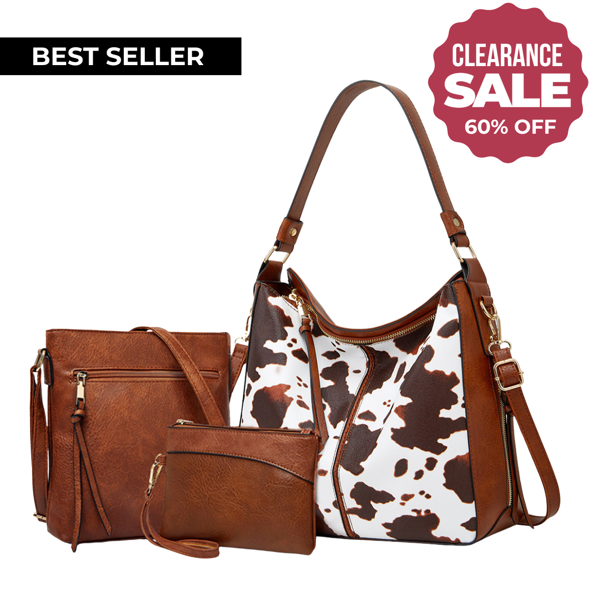 Conjunto de 3 bolsos hobo de cuero de lujo con estampado