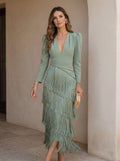 Frida | Vestido midi con flecos en verde salvia
