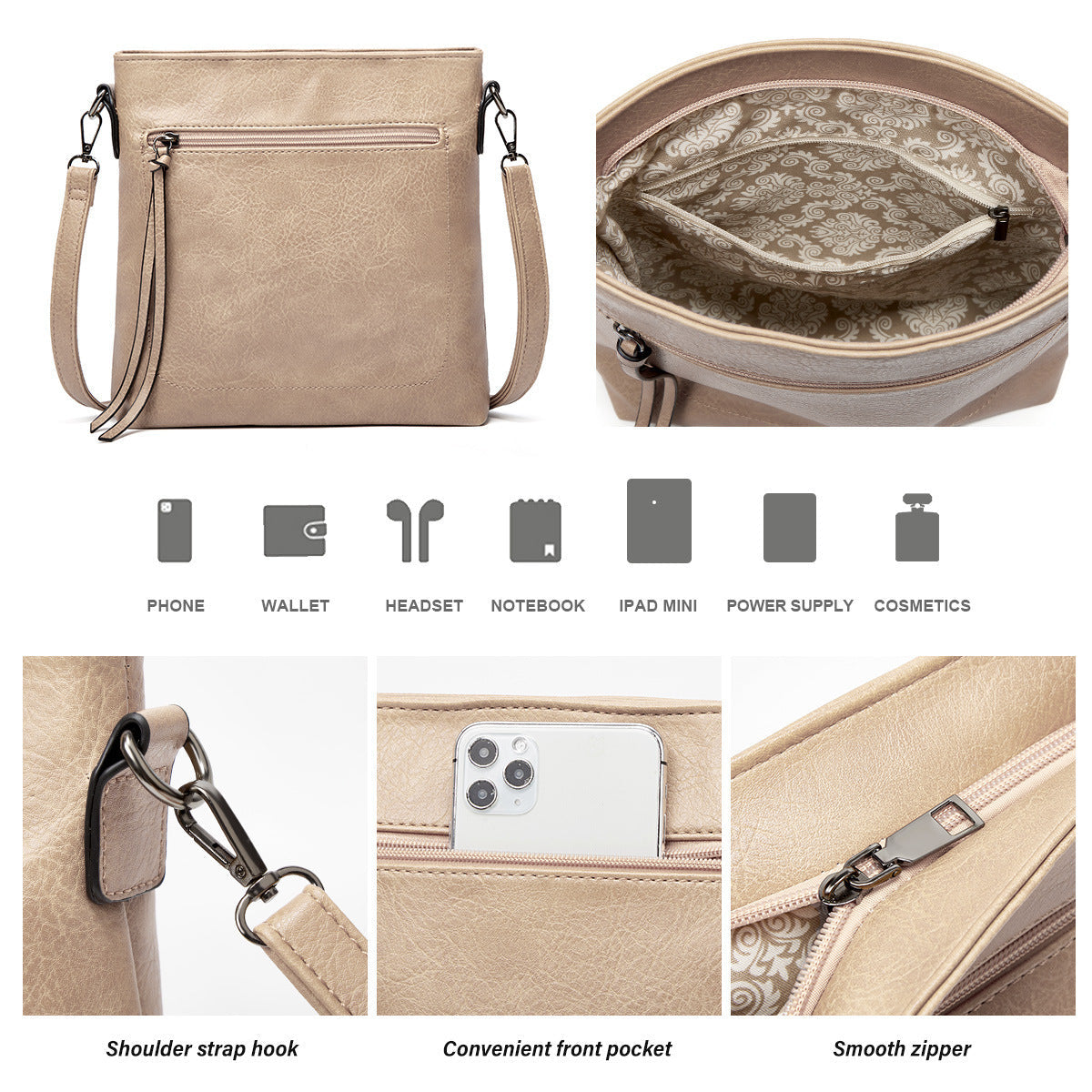 Conjunto de 3 piezas: bolso hobo suave y holgado