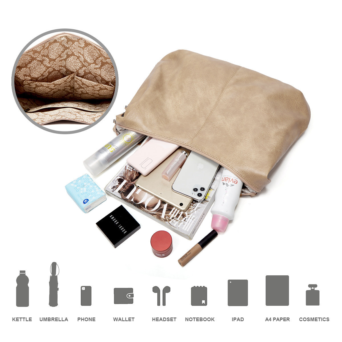 Conjunto de 3 piezas: bolso hobo suave y holgado
