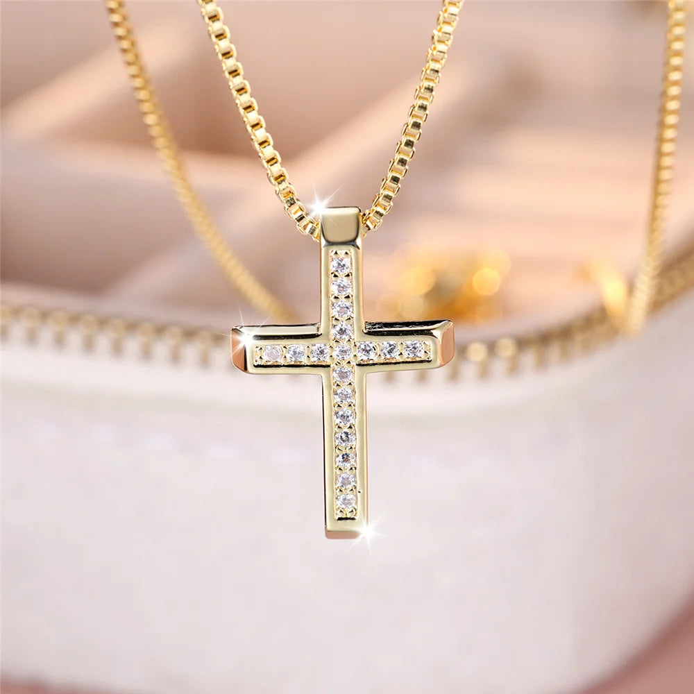 Luxury Female Crystal White Zircon Stone Cross Pendant Necklace Vintage Yellow Gold Color Wedding Jewelry For Women