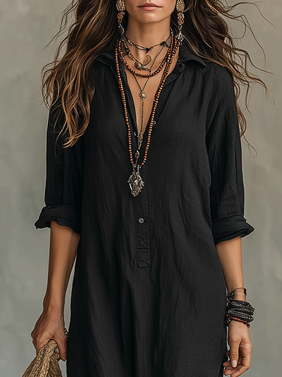 Zediola | Vestido largo camisero bohemio con botones delanteros